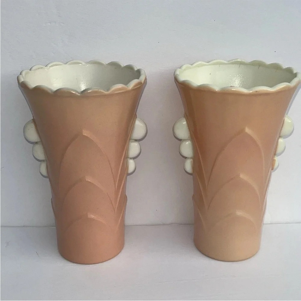 Vintage Anchor Hocking Fired On Pink Vitrock Scalloped Art Deco Style Vases